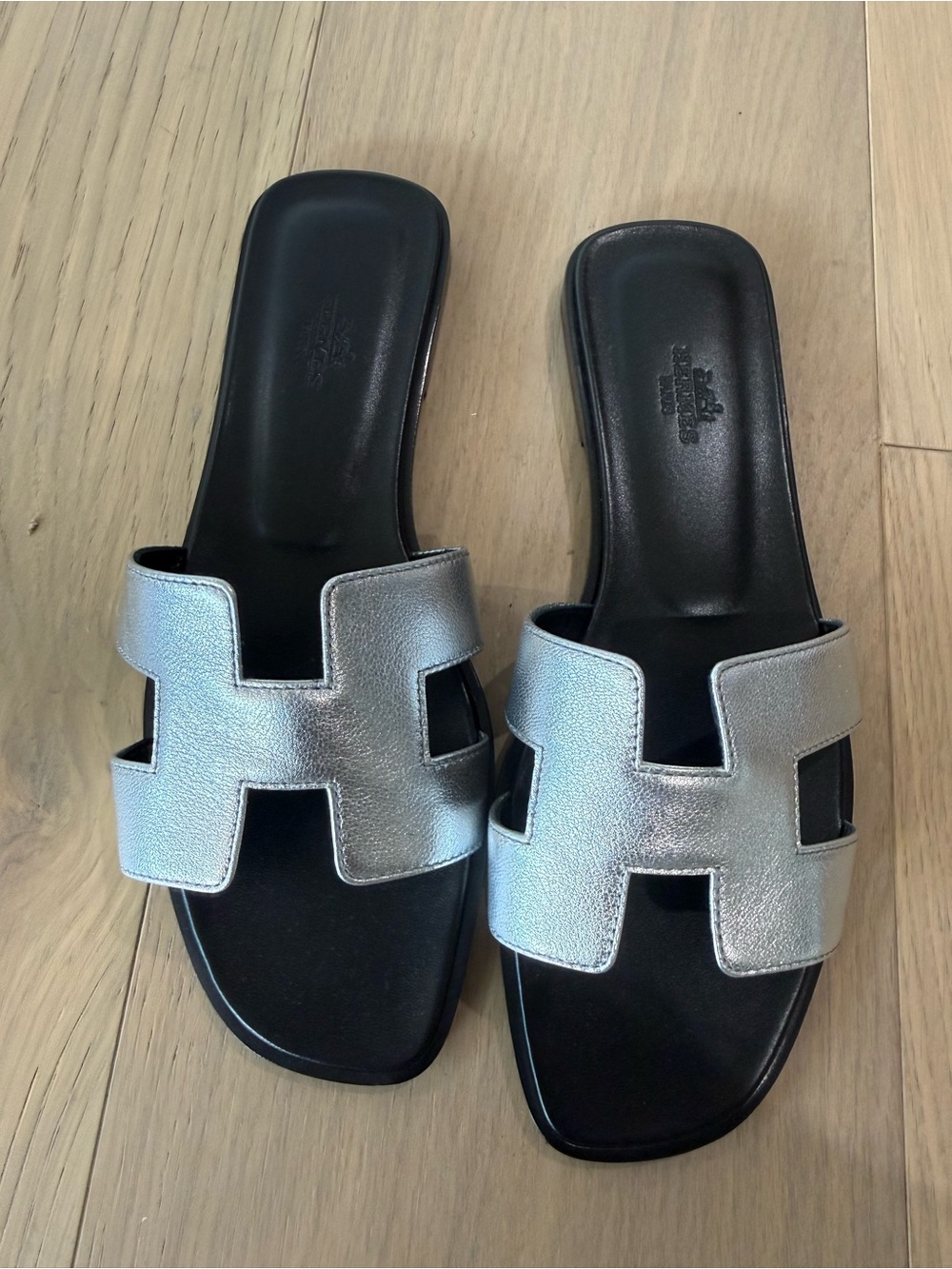 Hermes Silver Oran Leather Slide Sandals for Women